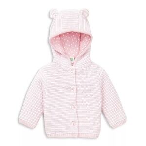 Little Me Pink and White Knit Baby Bear Hooded Sweater Jacket
